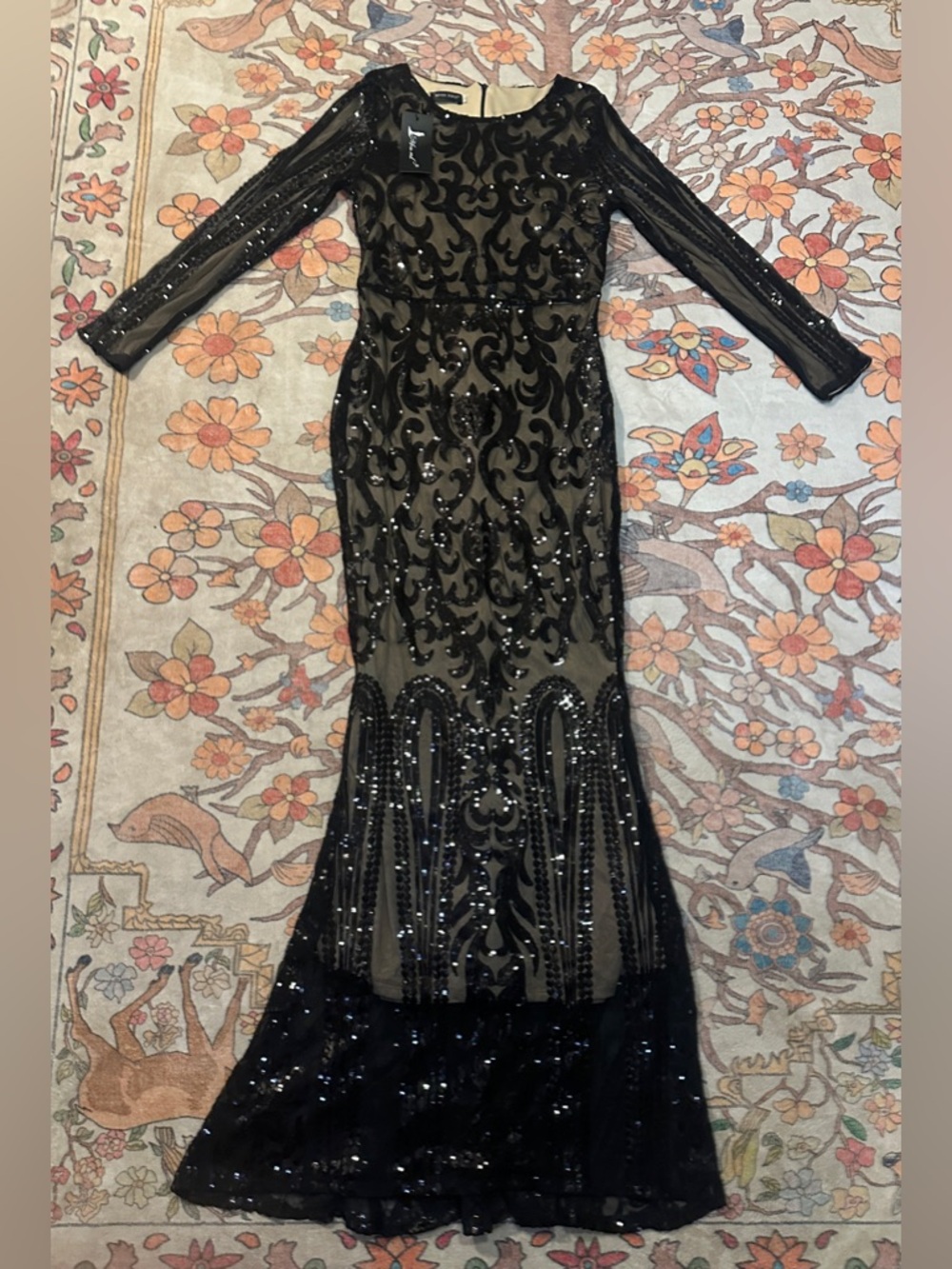 Black Sequin Long Sleeve Evening Gown